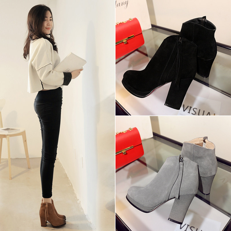 韩版冬季短靴女春秋单靴女粗跟真皮加绒短靴高跟及裸靴圆头马丁靴