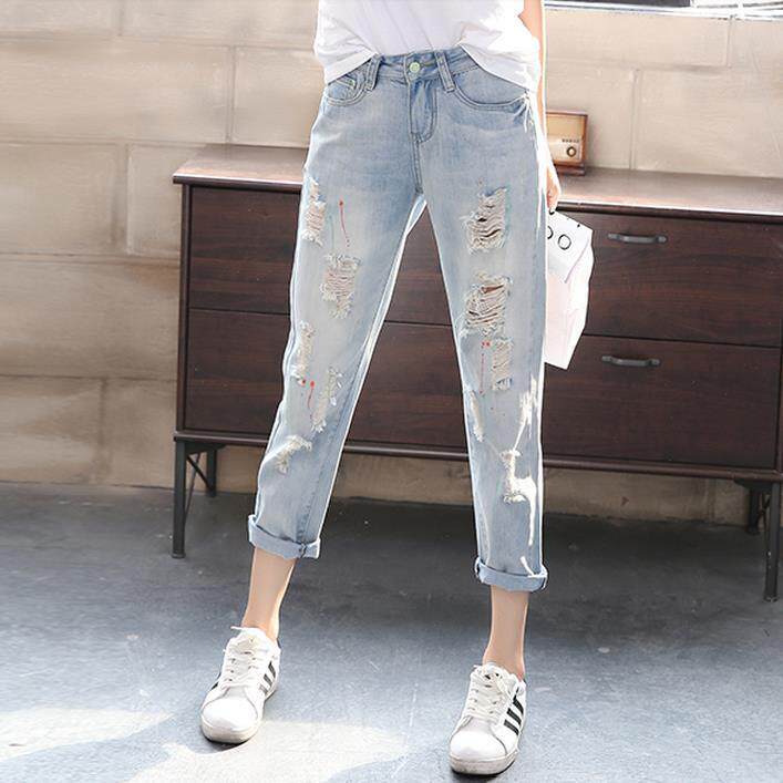夏装新款韩版破洞九分裤牛仔裤女直筒宽松9分裤