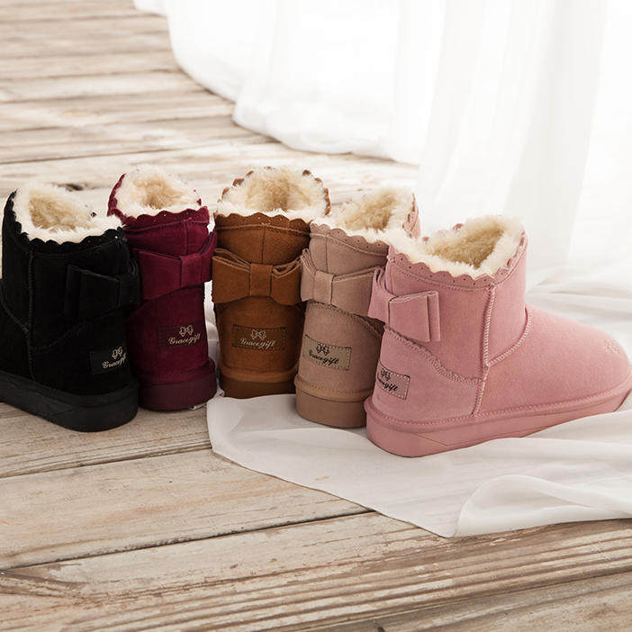 grace gift2016冬季新款甜美蝴蝶结保暖防滑雪地靴女毛毛靴短靴免