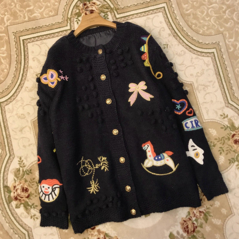 秋冬明星同款重工趣味卡通手工钩花刺绣中长款毛衣外套加厚开衫女