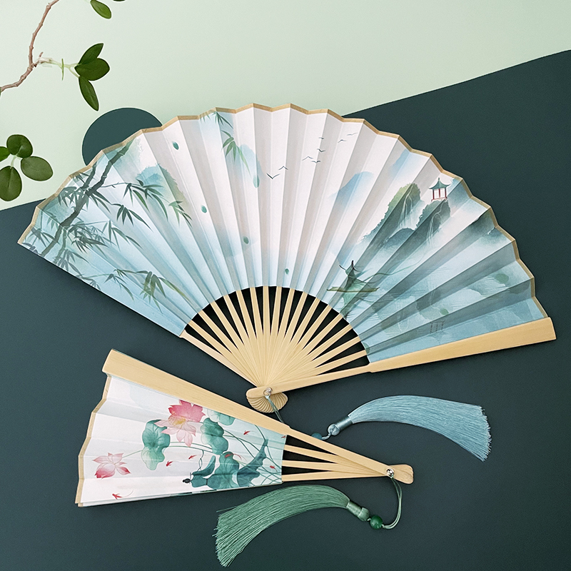 七寸纸扇子折扇中国风古风双层穿面青绿色男女夏天随身折叠小扇子-Taobao