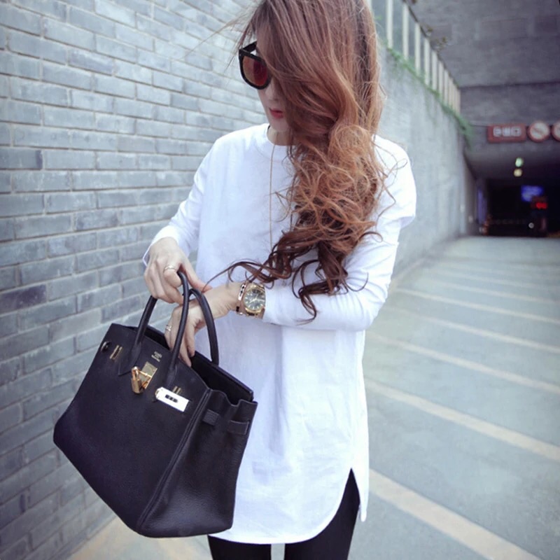 春秋冬季韩版宽松中长款打底衫加绒加厚白色长