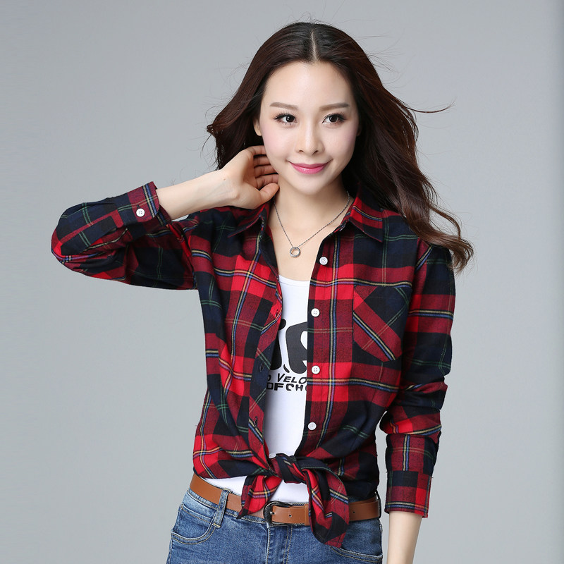 benibos纯棉格子衬衫女田园小清新2021春季新款长袖衬衣快手抖音