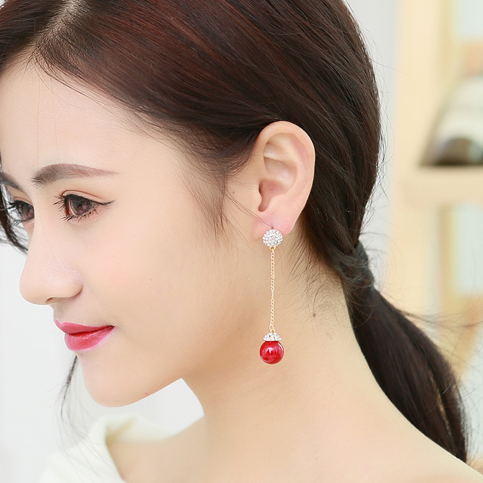 韩国红色珍珠耳环新娘结婚耳钉无耳洞耳夹长款