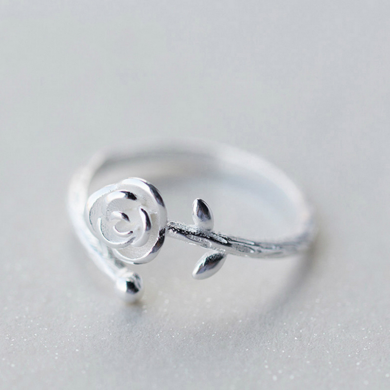 简约设计S925纯银一支玫瑰花开口戒指环少女尾戒子学生礼物配饰品