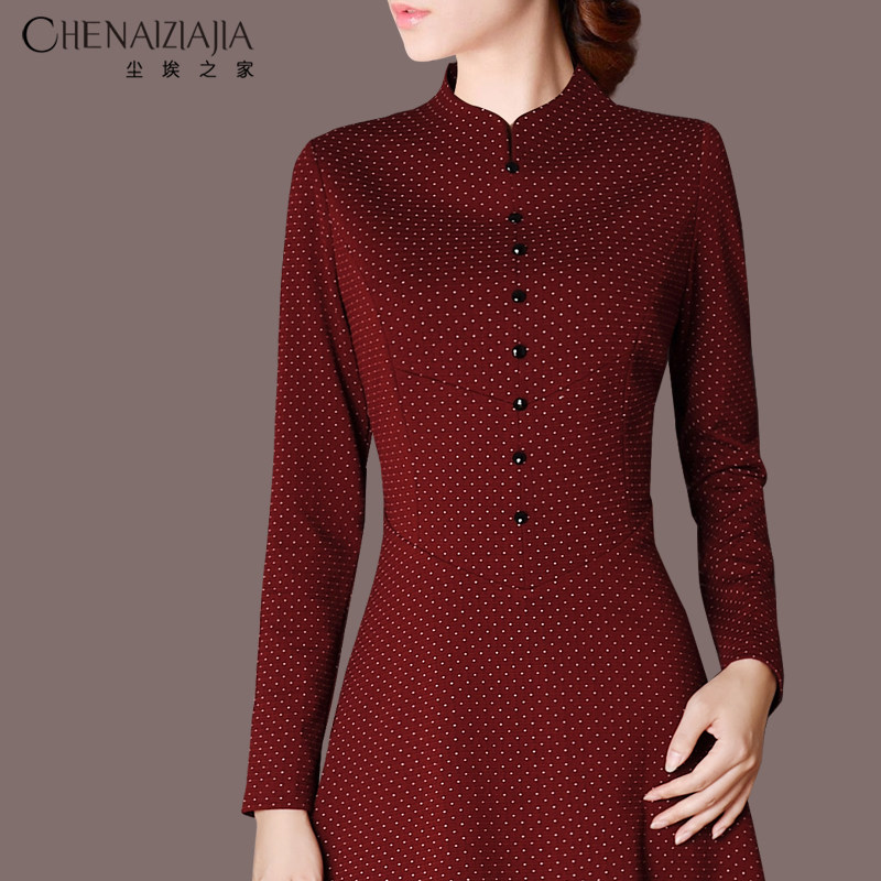 2021秋冬装新款优雅品质一排扣气质拼接长袖厚款波点打底衫连衣裙