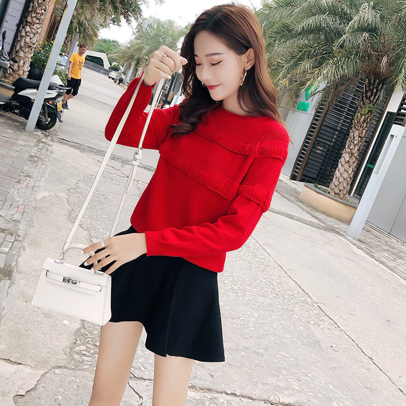 2021早秋季新款慵懒宽松减龄洋气法式针织套头短款红色毛衣女秋冬