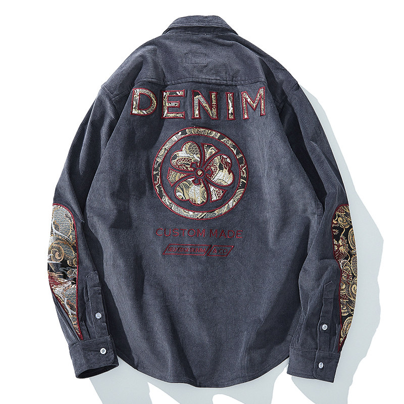 灯芯绒国潮复古着衬衫男款休闲女情侣潮牌横须贺刺绣衬衣秋冬新款