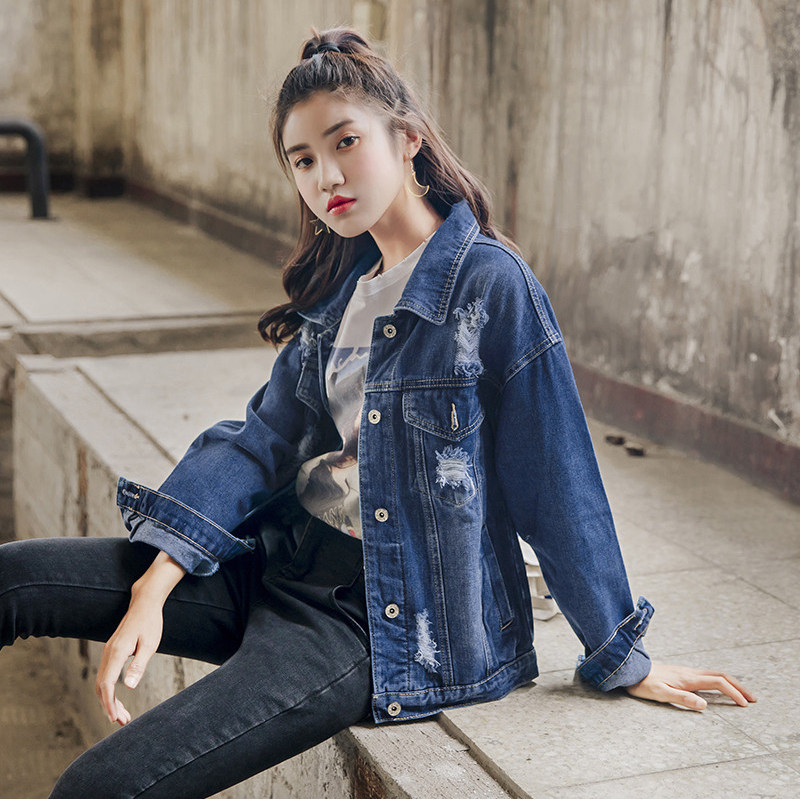 春秋牛仔外套女宽松学生韩版bf百搭破洞新款2021原宿港风上衣潮