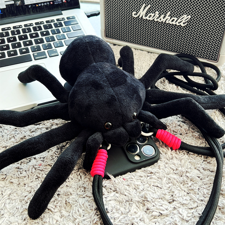 Crossbody Lanyard Strap Plush Black Spider 3D Niche 15, 14, 13, 12 iPhone Case