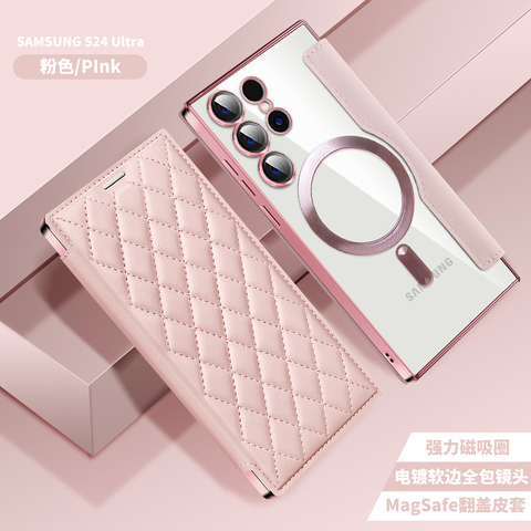 Pink — Side Flip Wallet Diary Card Holder MagSafe Diamond Pattern Quilted S24, S24 Plus, S24 Ultra Samsung Phone Case