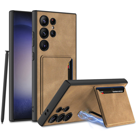 Brown — Business Synthetic Leather Card Holder Kickstand Wireless Charging Compatible S24, S24 Plus, S24 Ultra Samsung Phone