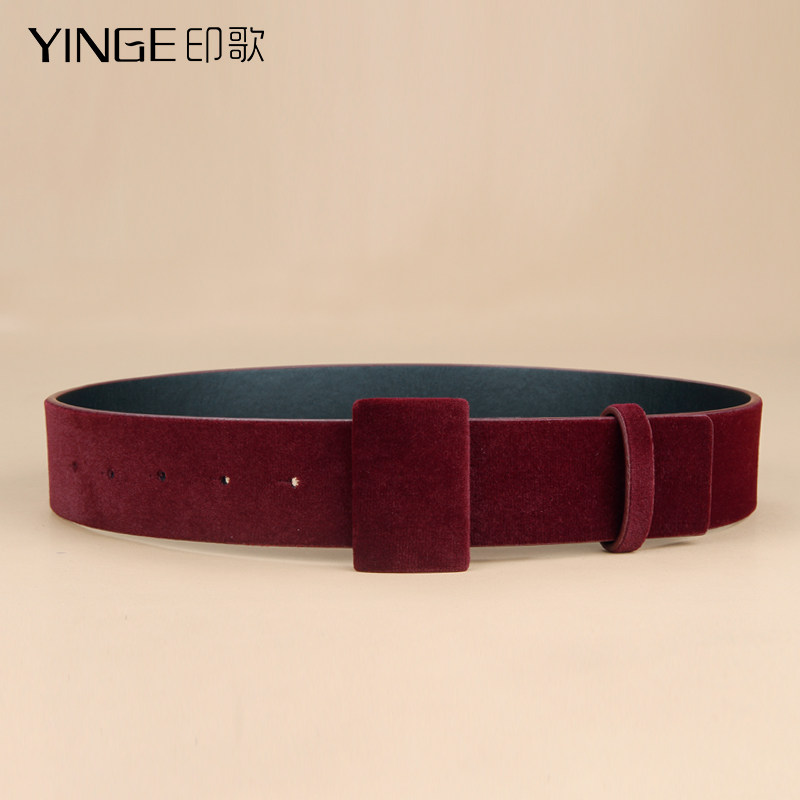 印歌高档真皮绒面黑色酒红色宽款女腰带腰封时尚百搭装饰配大衣