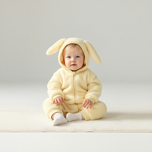 小猪大卫ins风可爱耳朵连体衣秋冬毛绒婴幼儿爬服保暖居家外出服