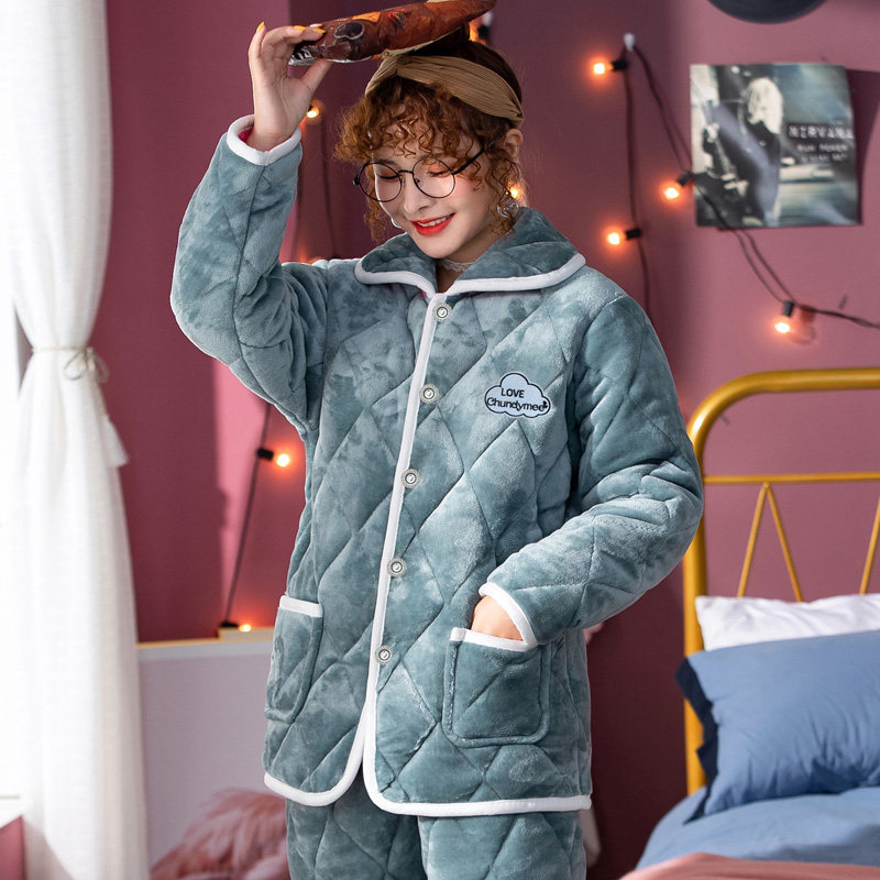 秋冬季珊瑚绒三层加厚款中大童睡衣女孩女童夹棉家居服法兰绒加绒