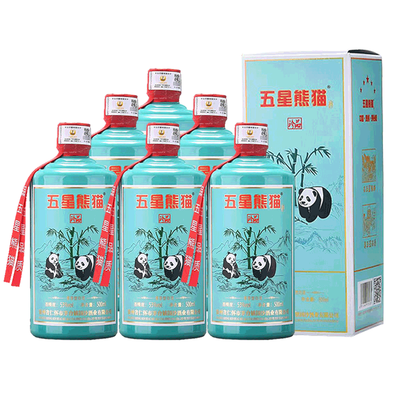 贵州五星熊猫珍品53度酱香型粮食白酒送礼宴请500ml*6瓶礼盒整箱
