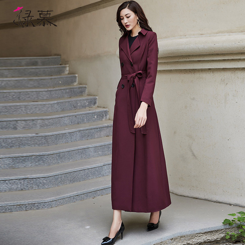 绿慕2021秋装新款女士风衣双排扣时尚气质修身长款过膝酒红色外套