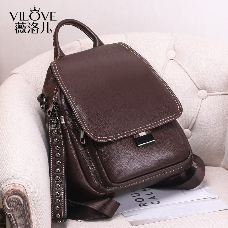 薇洛儿双肩包女2021新款韩版百搭真皮女包牛皮防盗翻盖背包软皮潮