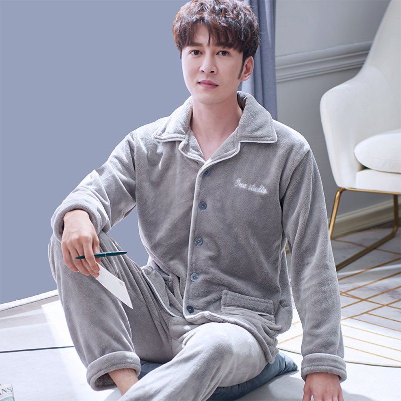 秋冬款珊瑚绒睡衣男士长袖冬季法兰绒加厚保暖套装加绒春秋家居服