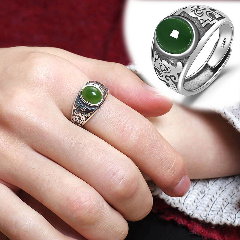 天然和田玉碧玉复古男士绿宝石翡翠色戒指开口S925纯银镶嵌活口 