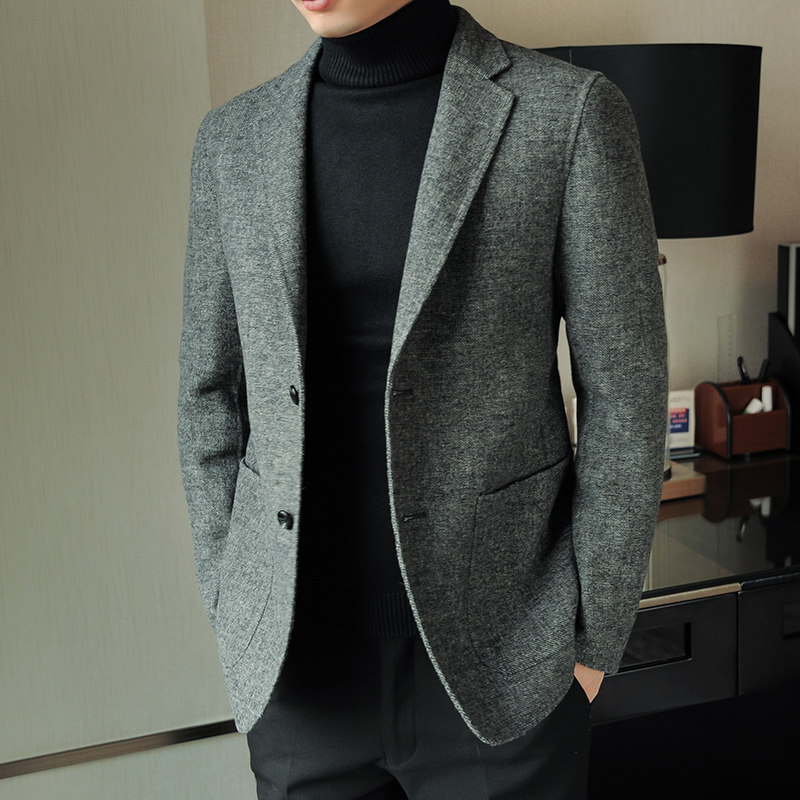春秋双面尼休闲西装男士韩版羊毛呢子小西服羊绒修身外套上衣潮流