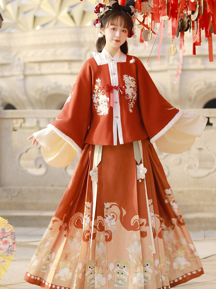 虎豹獅 刺繍對襟宋褙子 黒赤金色ロングアウター 宋製漢服　中国伝統衣装　着物和服
