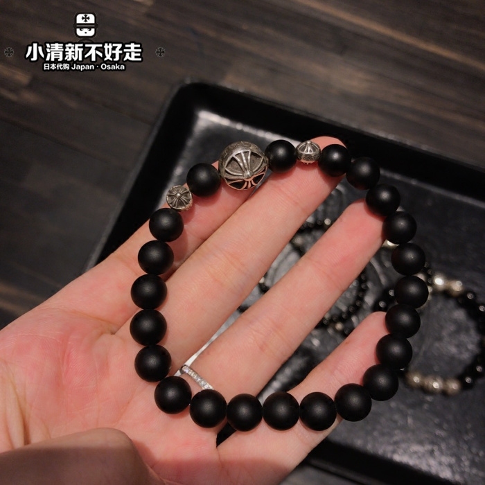 日本代購chrome hearts Chrome8mm黑曜石4銀珠十字手錬手鐲手串-Taobao