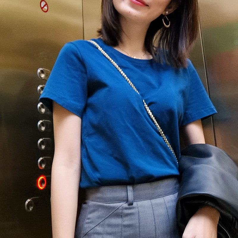 2021年新款经典流行色宝石蓝孔雀短袖纯棉宽松百搭春夏白色t恤女