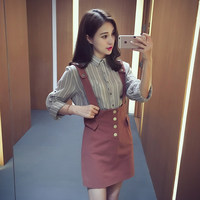 秋季新款2016韩版时尚衬衫背带连衣裙套装女宽松两件套半身短裙子