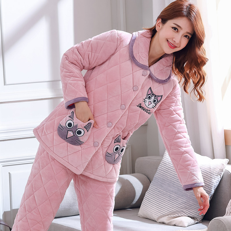 睡衣女冬季三层加厚珊瑚绒夹棉加绒可爱保暖女士法兰绒家居服秋冬