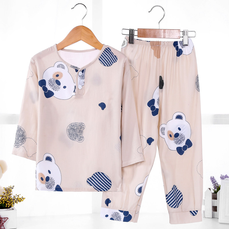 儿童棉绸睡衣薄款夏季长袖男童男孩绵绸空调家居服睡衣套装