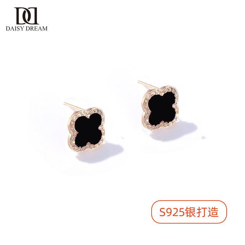 925纯银黑色四叶草耳钉女2021年新款潮气质网红小巧精致耳环耳饰