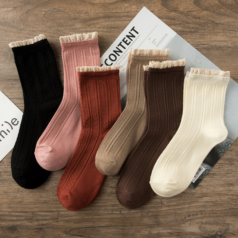 竹纤维蕾丝花边袜黑色袜子女秋冬可爱日系韩国纯棉中筒复古长筒袜