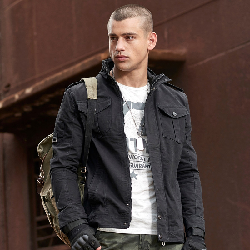 77男装 春秋季新款硬汉纯棉立领工装水洗夹克黑色百搭外套男AK