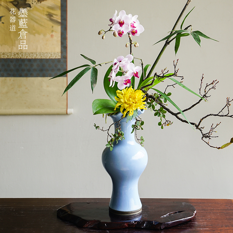 小原流豆青瓶花瓶花器瓶花文人调投入花中式日式花道插花送底座