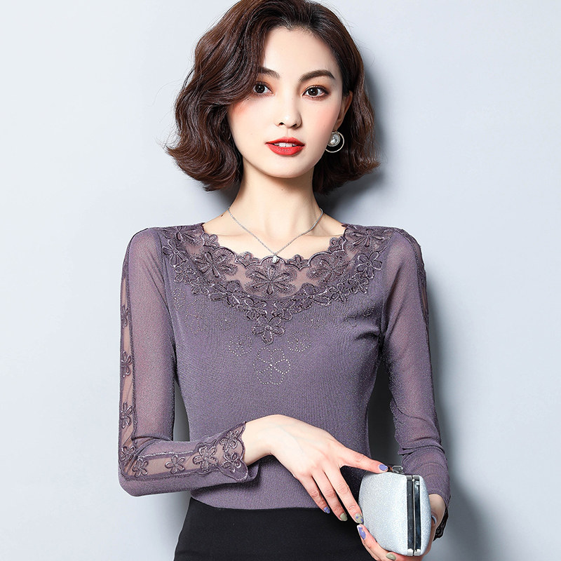 蕾丝打底衫女春秋长袖洋气2021百搭新款亮丝网纱薄款内搭上衣小衫