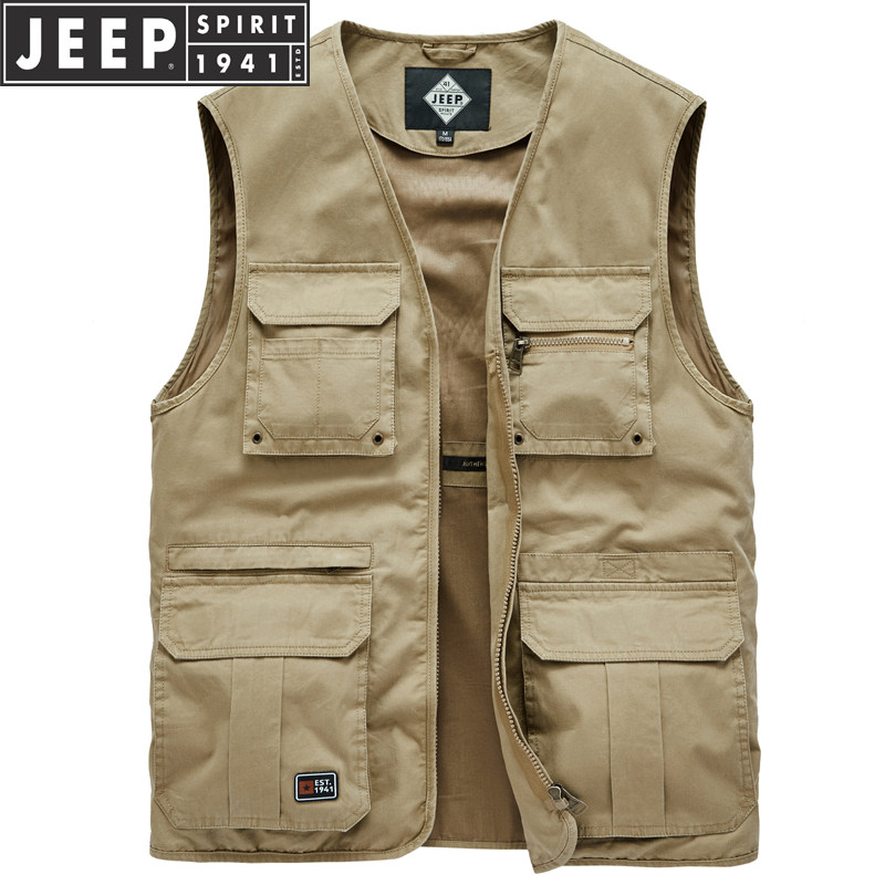 JEEP/吉普男装多口袋户外休闲摄影马甲薄款工装背心钓鱼马夹坎肩