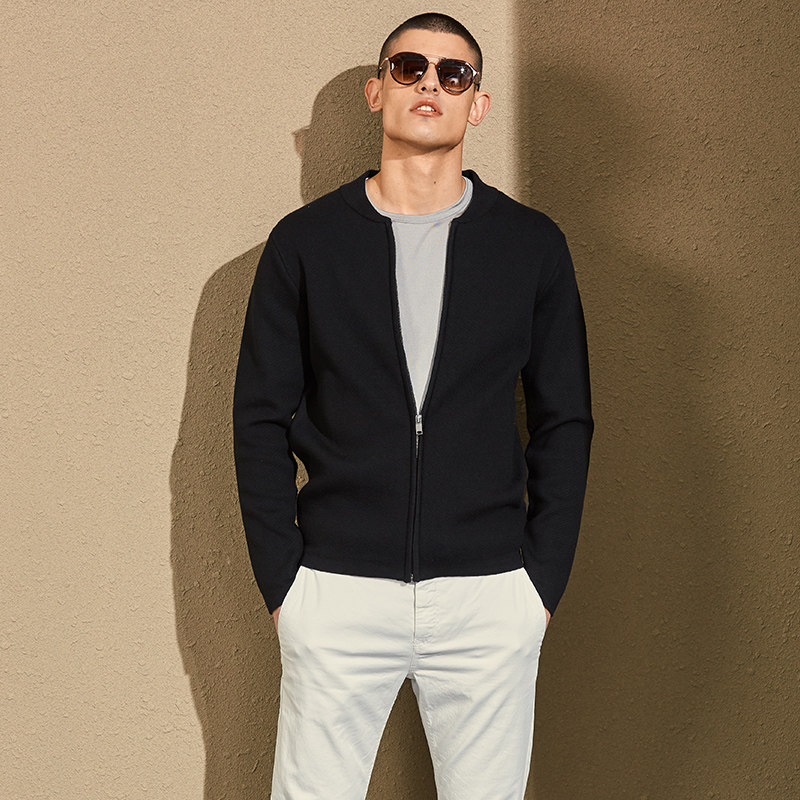 春秋新款欧洲站针织夹克男运动棒球服外套修身飞行员时尚休闲男装