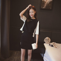 夏季新款2016韩版修身针织包裙套装女黑白拼接宽松半身裙两件套