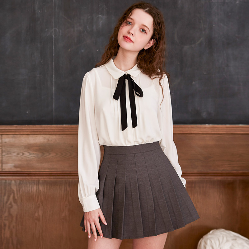 linjou玲玖白色雪纺衬衫女设计感小众法式长袖蝴蝶结衬衣2021秋款