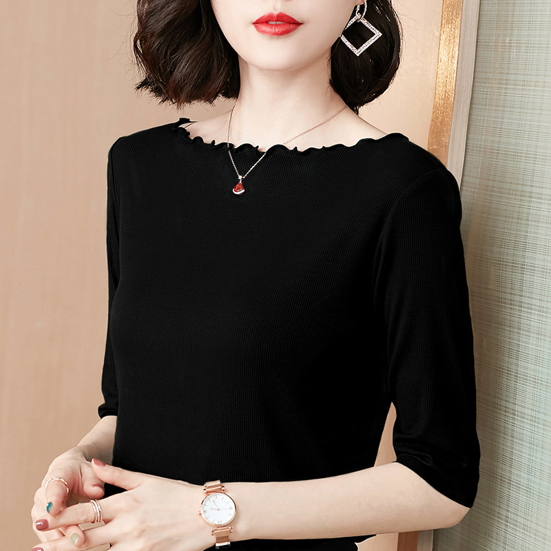 秋季新款黑色坑条木耳边领T恤女中袖显瘦纯色半袖时尚打底衫上衣