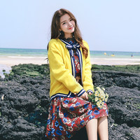 2016秋季新款韩版女装条纹百搭短外套针织衫 毛衣开衫外套女