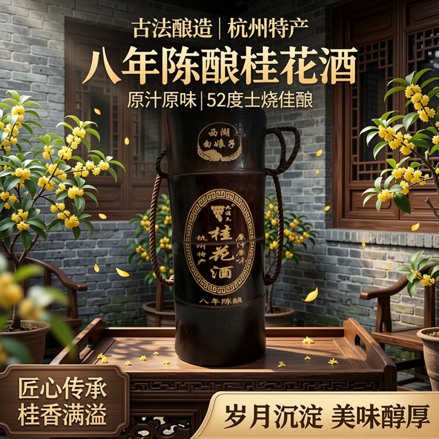 桂花酒杭州特产杭遇土烧桂花酒52度八年陈礼盒装古法酿制江南风味评价