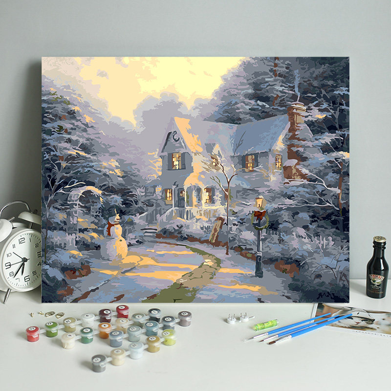 画画填色diy数字油画圣诞节雪景雪人冬天风景解压手绘装饰油彩画-淘宝网