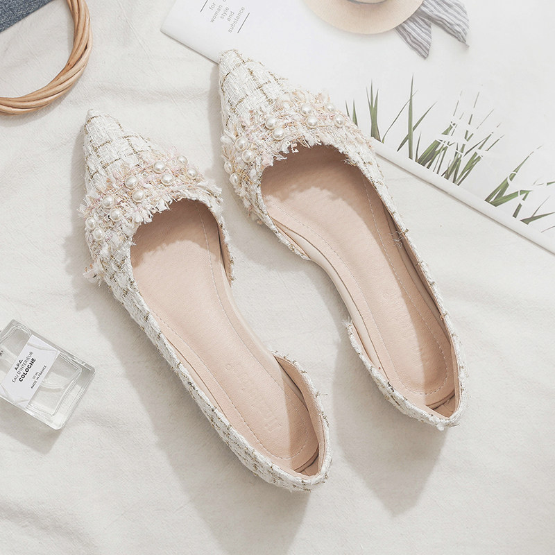 2021春秋季新款晚晚鞋百搭网红尖头平底侧空浅口豆豆鞋单鞋女瓢鞋