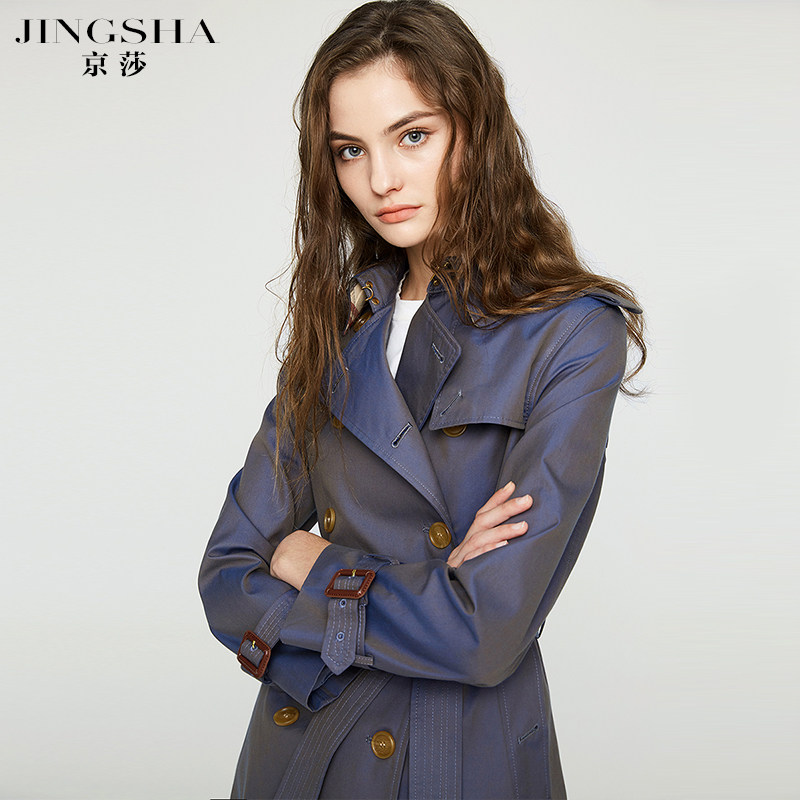 京莎双排扣风衣女中长款2021春秋季新款变色龙英伦风修身女装外套
