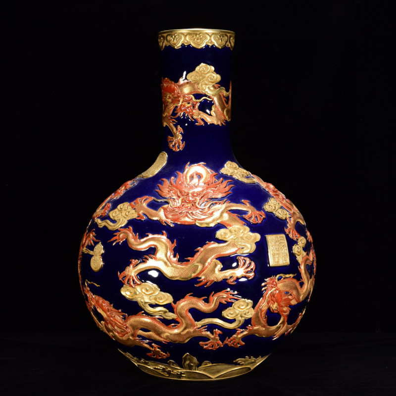 清乾隆古铜彩鎏金开窗山水人物纹天球瓶古董古玩古瓷器- Taobao