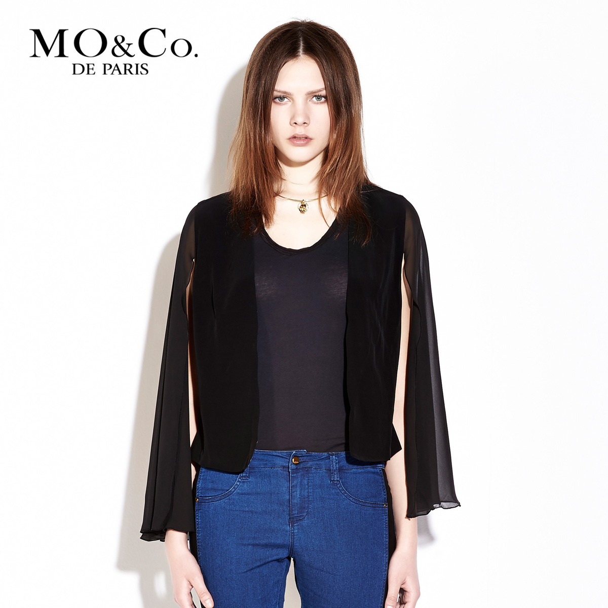 mo&co.摩安珂 女装 m124tst17 不对称下摆长袖针织衫 moco