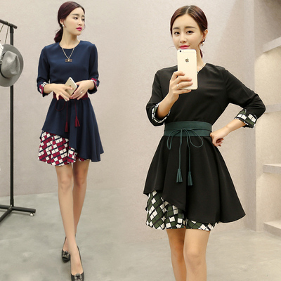 2015秋装新款七分袖韩版时尚女装修身中袖连衣裙女 格子长袖短裙