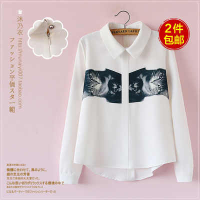 ^@^五折G6536-2015年春新款翻领猫咪印花修身百搭套头衬衫 0226